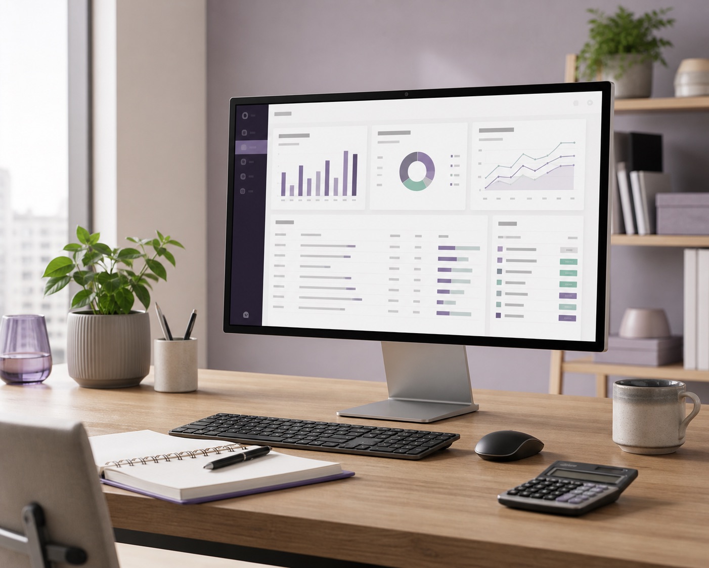 Desktop PC workstation displaying an accounting dashboard beside a calculator and notebook